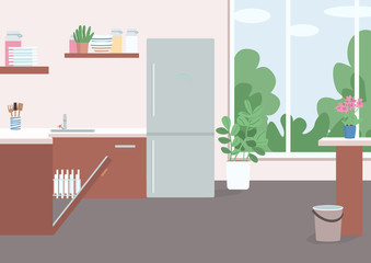 Household flat color vector illustration. Kitchen with fridge and opened dish washer. Chores in furnished dining room. Residential house 2D cartoon interior with wall window on background