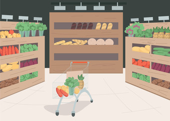Grocery store flat color vector illustration. Variety of foods and goods on shelves in shop. Trolley cart with veggies and fruits inside. Supermarket 2D cartoon interior with decor on background