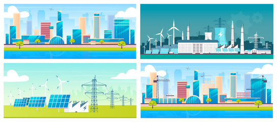 Sustainable energy and architecture flat color vector illustrations set. Eco friendly electric stations and cities 2D cartoon landscapes. Alternative power plants, metropolis and construction site