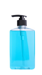 Blue bottle of sanitizer or liquid soap for hand hygiene to protect from corona virus isolated on white background with clipping path