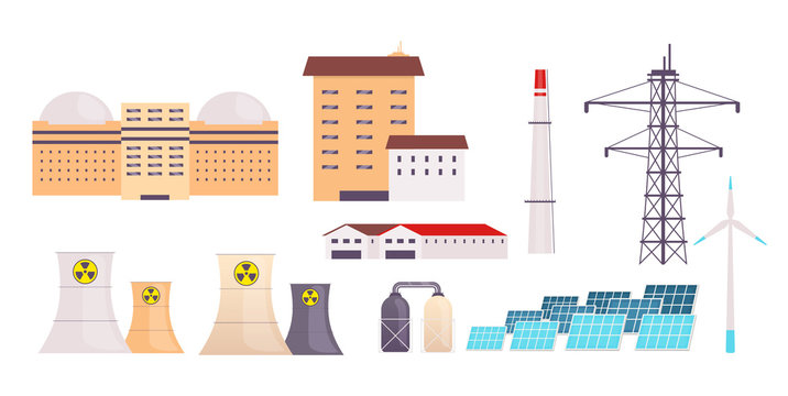 Power plant flat color vector objects set. Factory buildings, nuclear reactors, wind turbines and solar panels 2D isolated cartoon illustrations on white background. Atomic and alternative energy