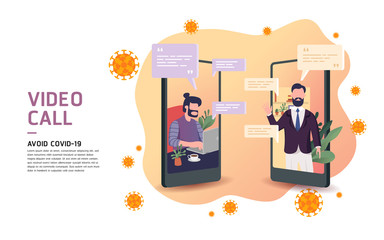 Business man using smart phone video call on phones as to avoid and protect virus. video conference call with character. Creative flat design for web banner.