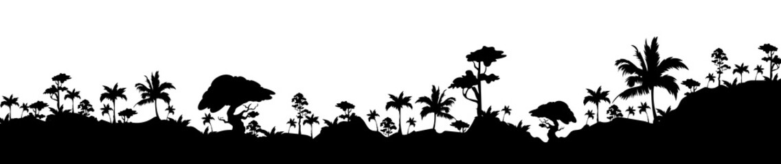 Fototapeta na wymiar Jungle black silhouette vector illustration. Subtropical rainforest. Hills with trees. Nature and wildlife. Panoramic environment. Tropical monochrome landscape. Exotic woods 2d cartoon shape