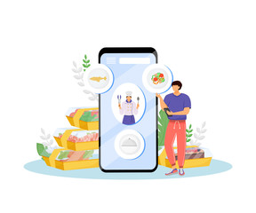 Restaurant food online ordering flat concept vector illustration. Cafe client and chief-cooker 2D cartoon characters for web design. Healthy nutrition order mobile app creative idea