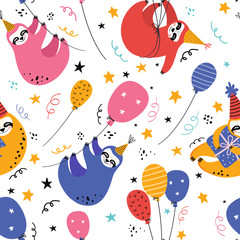 Funny sloth at a party with balloons seamless pattern. Birthday of a cute bear. Animal festival. Bright festive background for decorating holidays and festivals. Vector flat illustration.