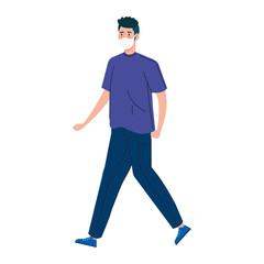 young man walking with face mask isolated icon vector illustration design