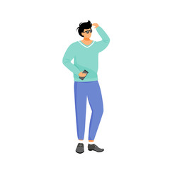 Man in casual clothes flat color vector faceless character. Person holding phone look at sun. Male student in sweater. Trendy outfit. Warm weather clothing isolated cartoon illustration