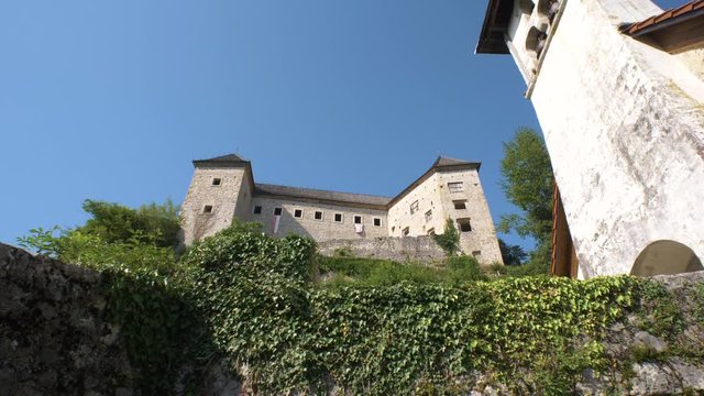 Ruins of castle Kostel with belltower in Kolpa river valley, Slovenia