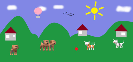 dogs and cat with ball