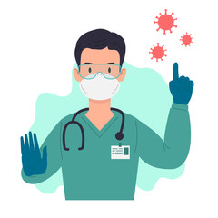 Illustration of doctor with antivirus protection, medical masks and protective glasses. Design element for poster, label, sign, emblem, infographic. Vector illustration