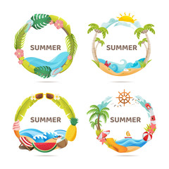 Colourful Vector Set of Summer Decorative Elements Such as Ocean, Coconut Tree, Watermelon, Lighthouse, Forming a Circle Frame for Promotion Badge or Sale Title