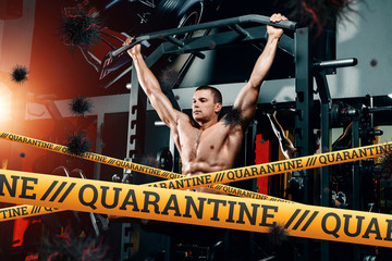 Fototapeta na wymiar Quarantine Barrier yellow forbidden tape, isolation. A man is engaged in a gym and particles of the COVID-19 virus. Self isolation concept, stay at home.