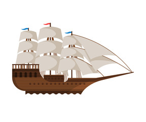 Vintage Sailing Ship, Side View, Water Transport, Sea or Ocean Transportation Vector Illustration