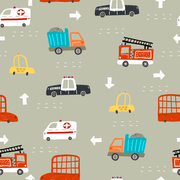 seamless pattern with cartoon cars, decor elements on a neutral background. Colorful vector flat style for kids. hand drawing. baby design for fabric, print, wrapper, textile