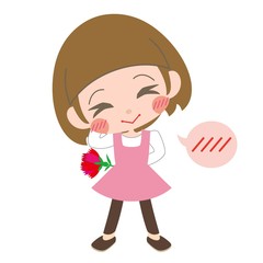 カーネーションを持って照れ笑いする女の子