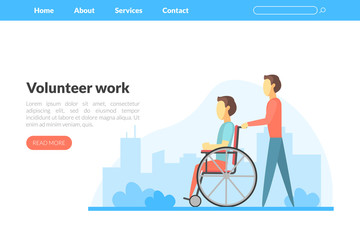 Volunteer Work Landing Page Template, Young Man Helping to Disabled Man in Wheelchair Vector Illustration