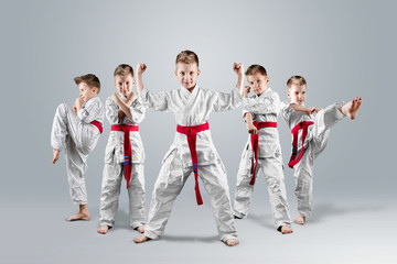 A boy in a kimono in different karate poses on a light background. The concept of karate lesson, a circle for the child, sports education, character.