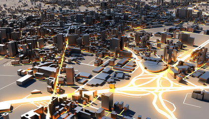 Techno metropolis. Urban and futuristic technology. 3D illustration