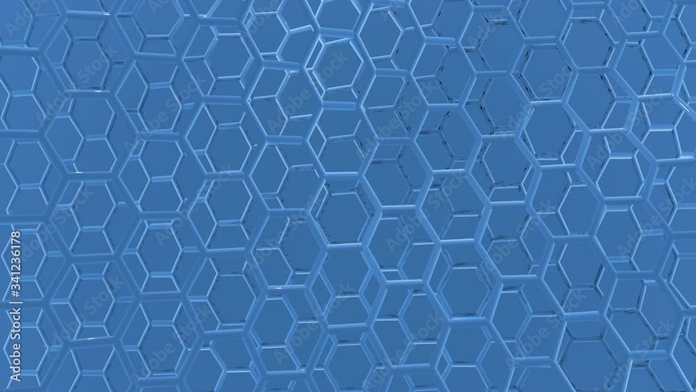 Poster two hexagonal lattices. white hexagonal structures on a blue background are reflected and cast glare