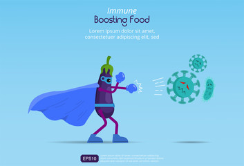 Funny cartoon character of eggplant superhero fight against outbreak viruses and bacteria. Power of immune boosting food concept to fight disease. vector illustration