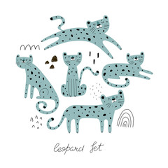 
Set with cartoon leopards in different poses. Colorful flat vector illustration. Hand drawing for children. animal theme. wild life. design for print, posters
