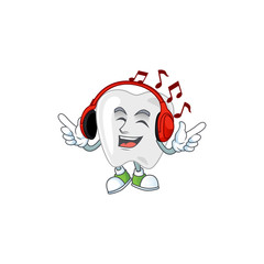 Cartoon mascot design teeth enjoying music with headset