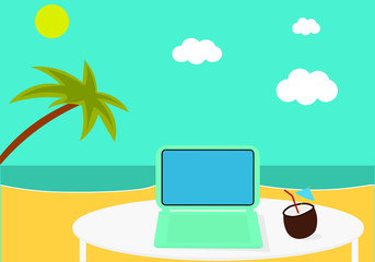 Obraz na płótnie Canvas Freelance. Working space on the tropical island with laptop and cocktail