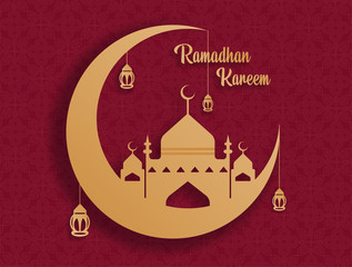 vector of Ramadan Kareem from the combination of the moon and the mosque in orange-yellow. on red background with pattern