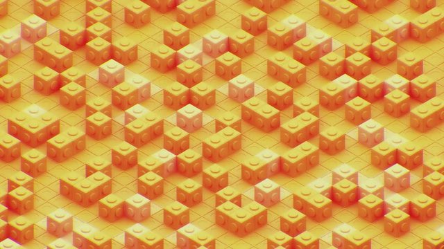 Isometric abstract yellow background with rotating cubes. Bricks bricks