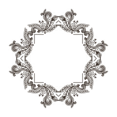 Hand Drawn Vintage damask ornamental elements for design. Baroque frame scroll ornament. Elegant abstract floral pattern border in antique style. Decorative foliage swirl edging.
