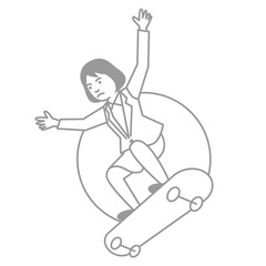Business woman playing skateboard on white background. Vector illustration.