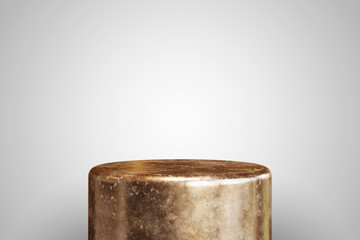 Empty scratched bronze metal podium on white background. Best for product presentation. 3d rendered round pedestal.