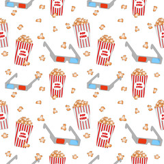  Seamless pattern: popcorn and 3d glasses on a white background. flat vector. illustration