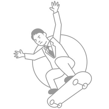 Business man playing skateboard on white background. Vector illustration.
