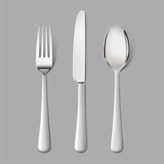 Set cutlery of fork, spoon. Hight realistic vector illustration on grey background. Ready for your design. EPS10.	