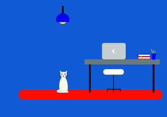 Freelancer workspace with laptop, books, pens and cat. Vector Illustration.