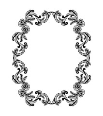 Hand Drawn Vintage damask ornamental elements for design. Baroque frame scroll ornament. Elegant abstract floral pattern border in antique style. Decorative foliage swirl edging.
