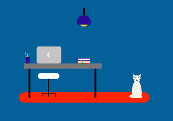 Freelancer workspace with laptop, books, pens and cat. Vector Illustration.