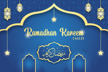 Ramadan Kareem vector, illustration of Arabic lantern and yellow Arabic calligraphy ramadan kareem, on blue gradient backgroud and islamic pattern.