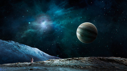 Space background. Astronaut walk on land with blue nebula with jupiter planet. Elements furnished by NASA. 3D rendering © Space Creator