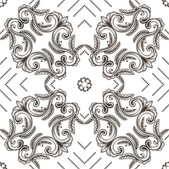 Hand Drawn Vintage damask ornamental elements endless background. Baroque scroll ornament seamless pattern. Elegant abstract floral pattern in antique style. Decorative foliage swirl.
