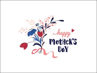 Happy Mother`s Day Greeting Card with flowers bouquet on white background. Vector illustration