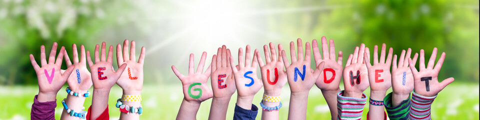Kids Hands Holding Colorful German Word Viel Gesundheit Means Stay Healthy. Sunny Green Grass Meadow As Background