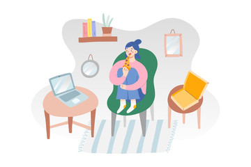 Girl eating pizza, watching videos on laptop, cozy interior, modern living room, vector illustration, indoors activities on isolation quarantine, open box with pizza slice, concept of leisure time