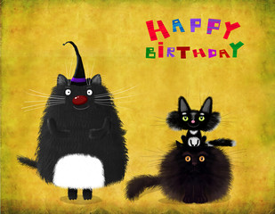 Birthday Card Black Cats On Light Brown Background