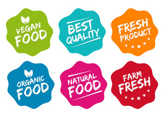 Healthy food labels set on white background.