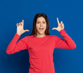 Brunette young woman wearing a red T-shirt