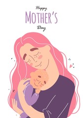 Mothers day greeting card, mother hugs baby