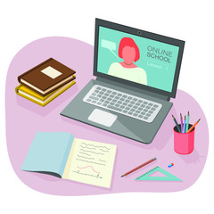 Vector concept for online education. Online training courses, retraining, specialization, study guides. Can be used for web design, banners, promotional materials, etc. Flat vector illustration.