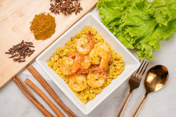 Yellow curried rice with shrimp, Yellow rice prawn biryani with green coriander sauce